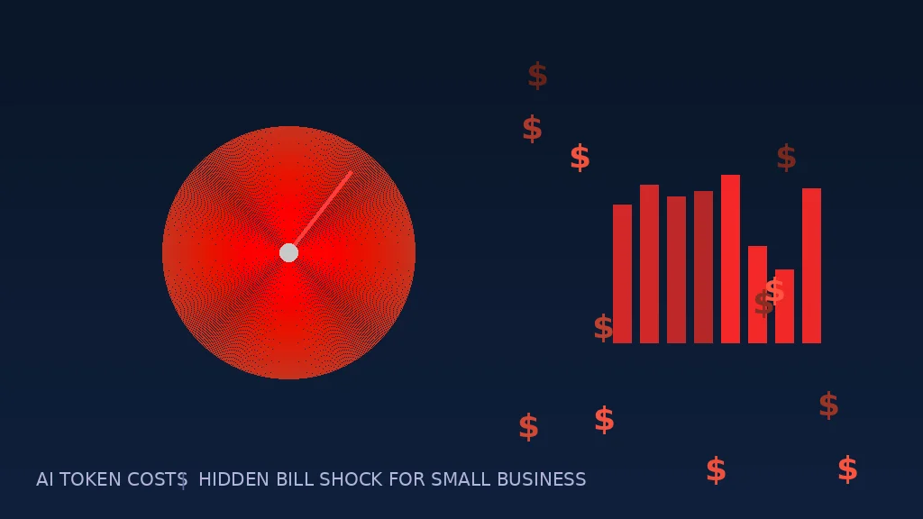 Digital meter running fast with token charges piling up in red numbers on a dark blue dashboard, representing runaway AI costs for small businesses