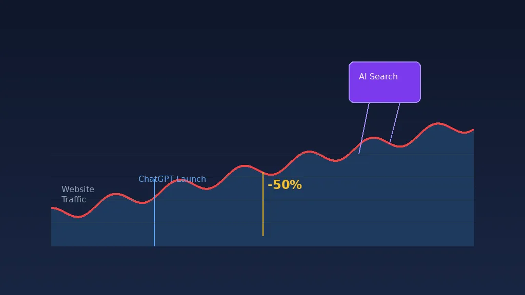 Downward trending graph showing website traffic declining, overlaid with an AI chatbot icon absorbing the visitors, representing how AI search is redirecting traffic away from small business websites