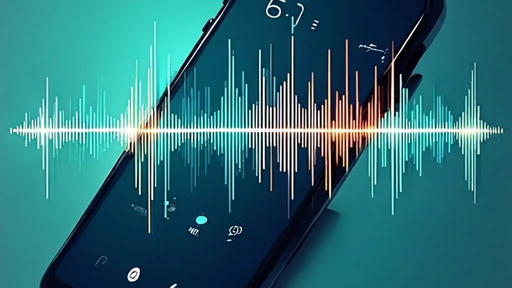 AI voice agent answering business phone calls with sound wave visualizations, modern teal and dark blue tech aesthetic