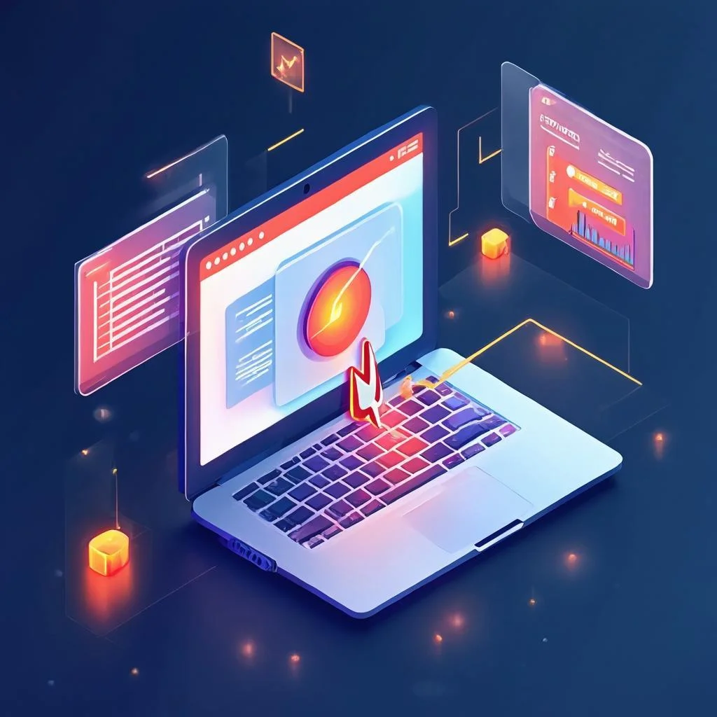 Clean flat illustration of a laptop browser window being driven by an AI cursor, with floating UI panels showing form fields, a spreadsheet, and a task checklist completing themselves, in a cool blue and warm coral palette