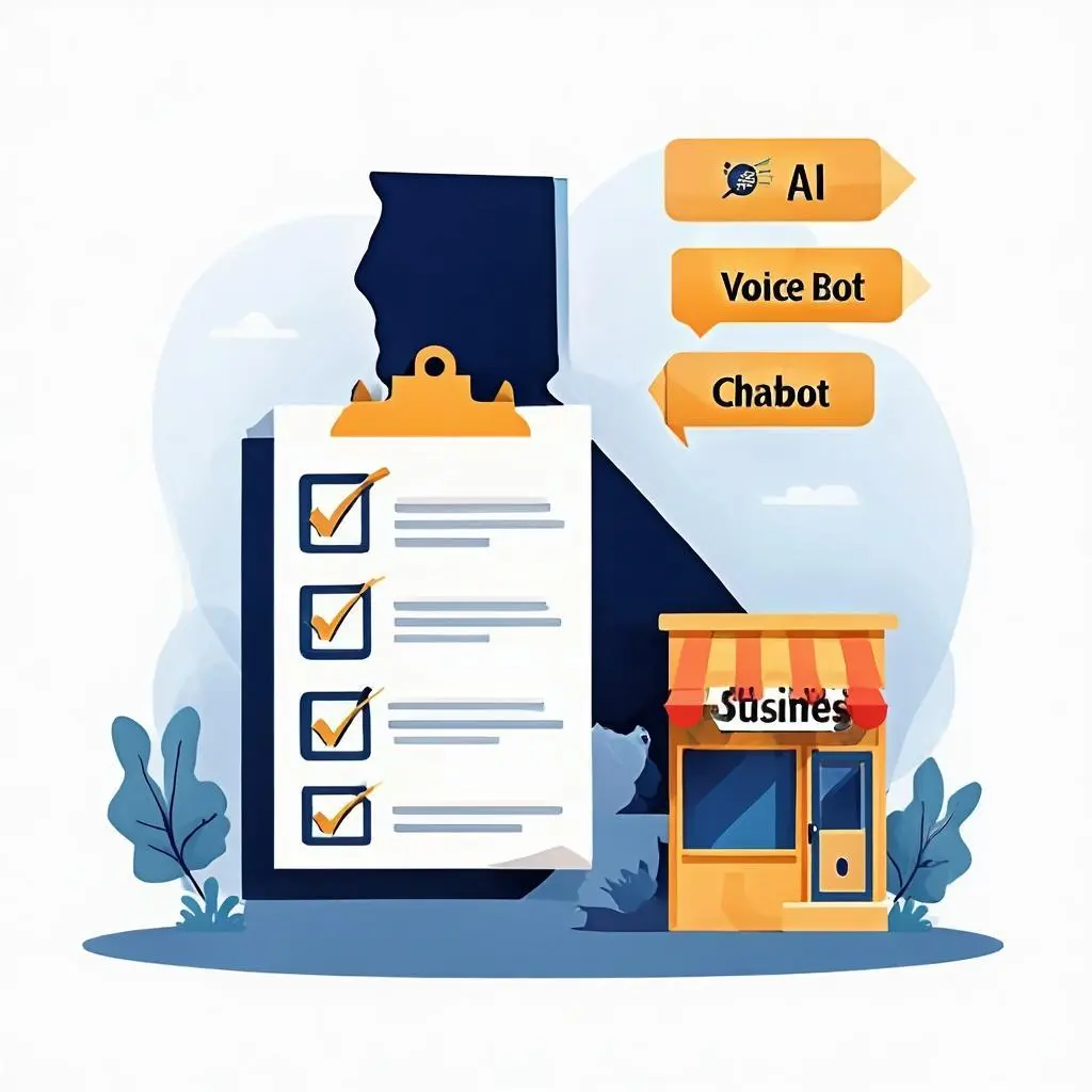 Clean flat illustration of a California-shaped compliance checklist with four checked items, a small storefront, and floating disclosure badges reading AI, Voice Bot, and Chatbot, in a navy blue and gold palette