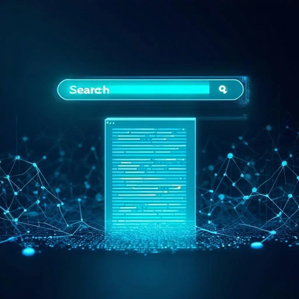 Abstract search interface showing AI-generated answer replacing traditional blue links, dark blue and teal gradient with geometric search elements