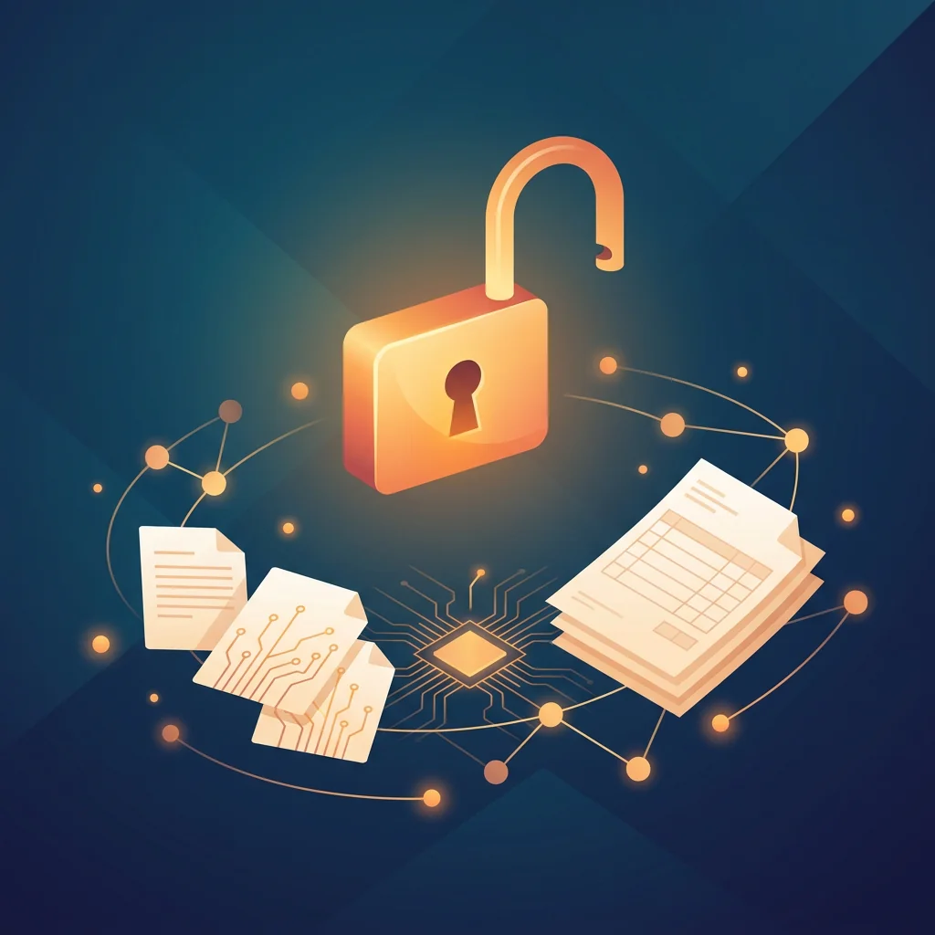 Abstract illustration of an open padlock over scattered digital documents and network nodes, dark teal and amber color scheme conveying exposed data and policy gaps