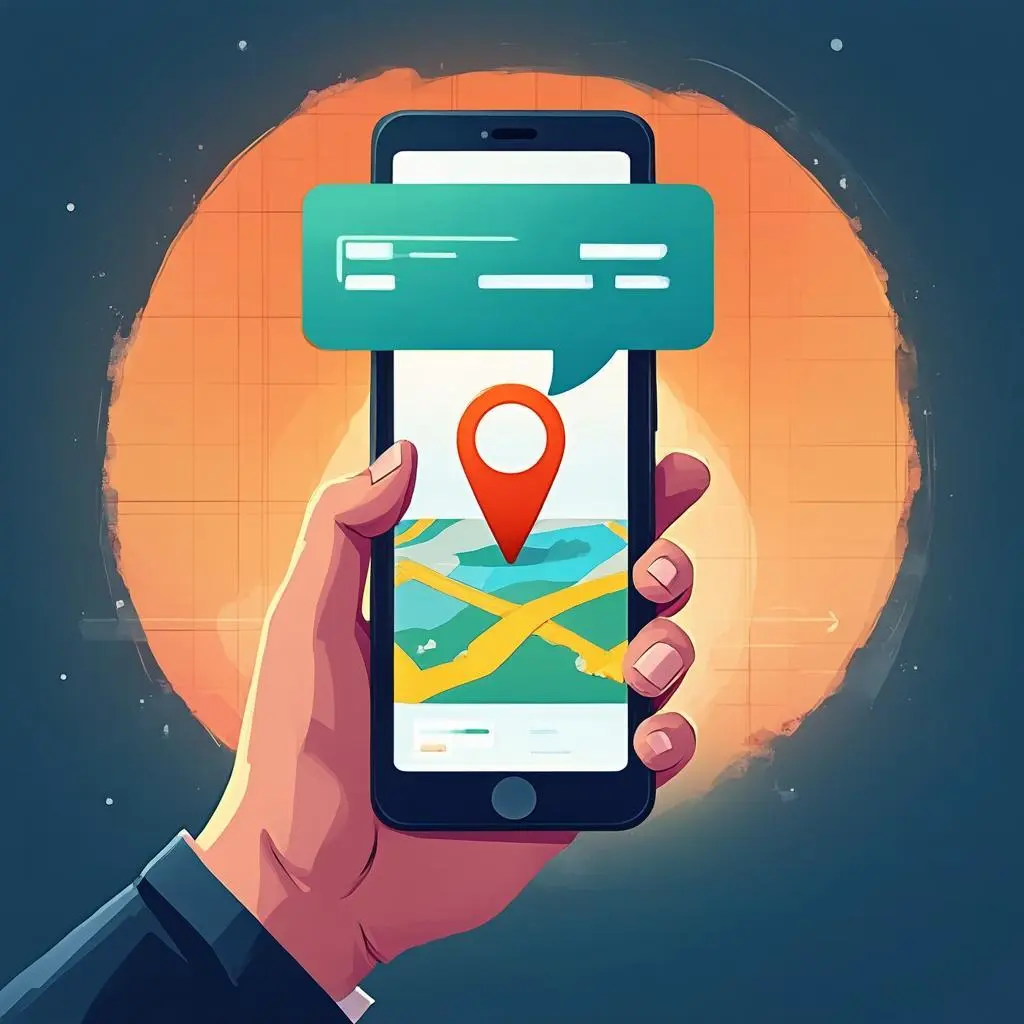 A smartphone showing a stylized Google Maps interface with a glowing AI conversation bubble hovering over a small business storefront pin, warm sunset orange and deep blue palette