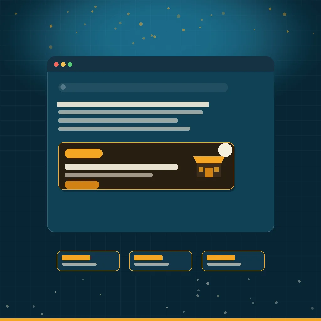 Flat illustration of a chat conversation window with a sponsored ad card appearing beneath an AI answer, a small storefront and a dollar sign in the corner, deep teal and warm amber palette