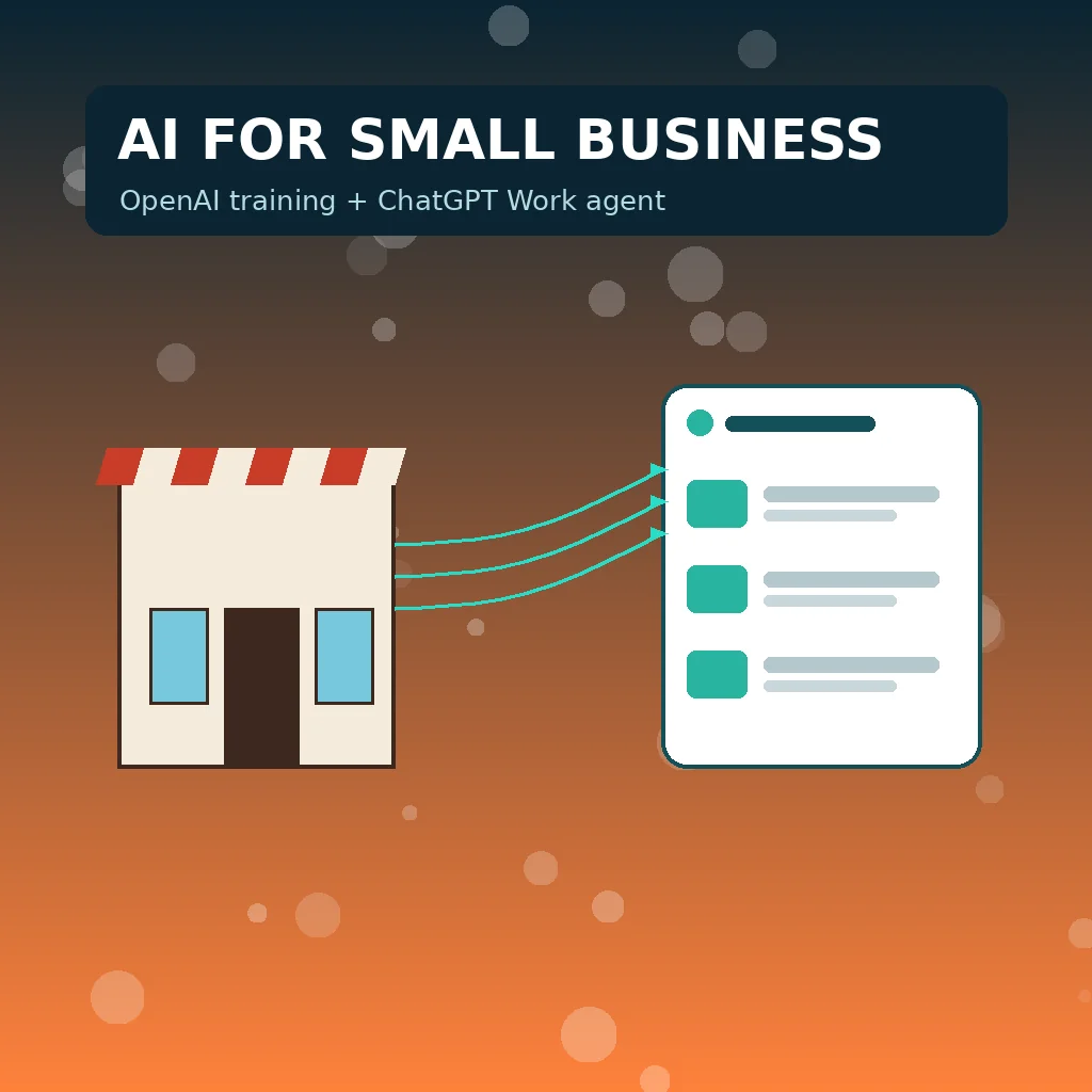Flat illustration of a chat interface with a horizontal slider control labeled Think, a small storefront and a gear icon nearby, deep teal and warm amber palette