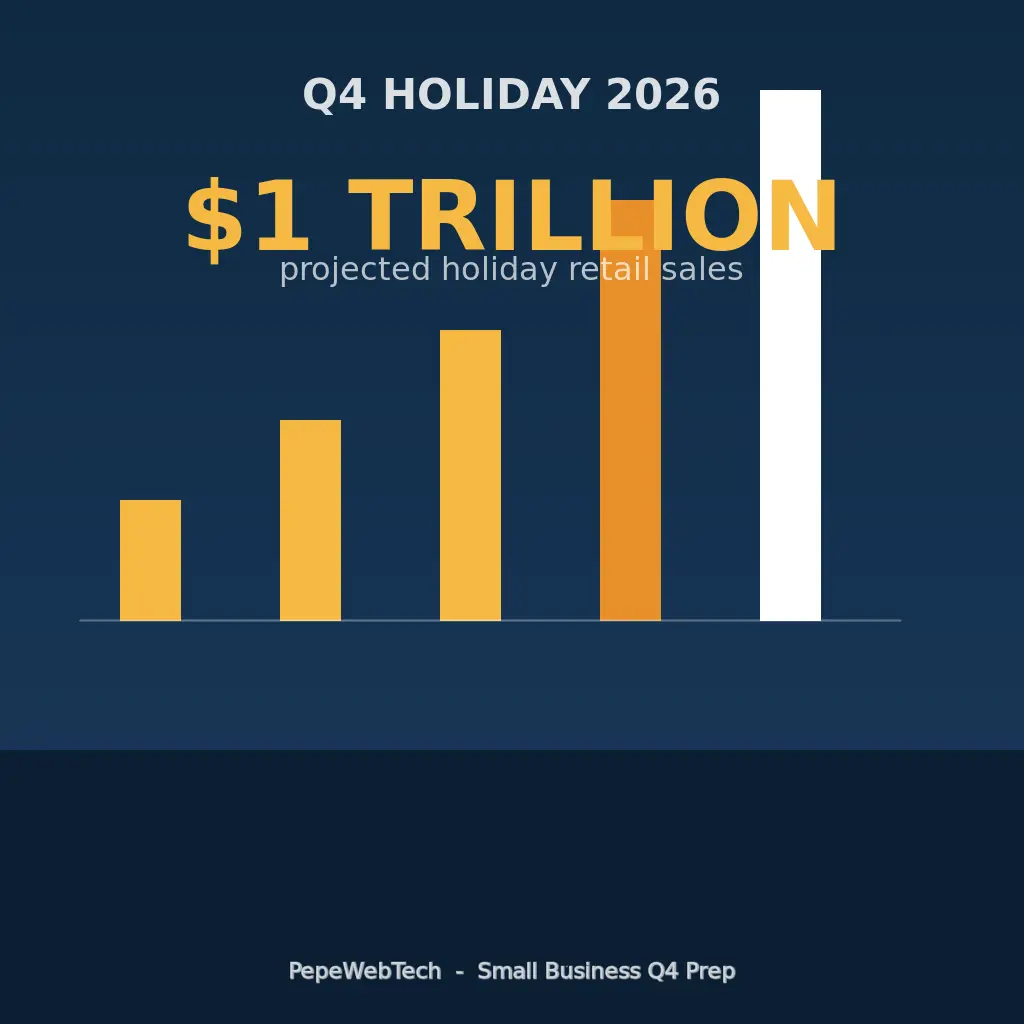 A storefront window with holiday decorations and a rising sales chart breaking through the one trillion dollar mark, warm amber and deep green color scheme, clean modern business illustration