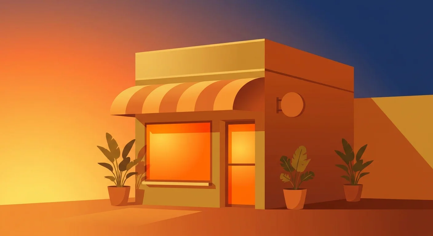 A small business storefront with an open help wanted sign and an AI dashboard filling the staffing gap, split composition with warm orange and cool blue tones, clean modern business illustration