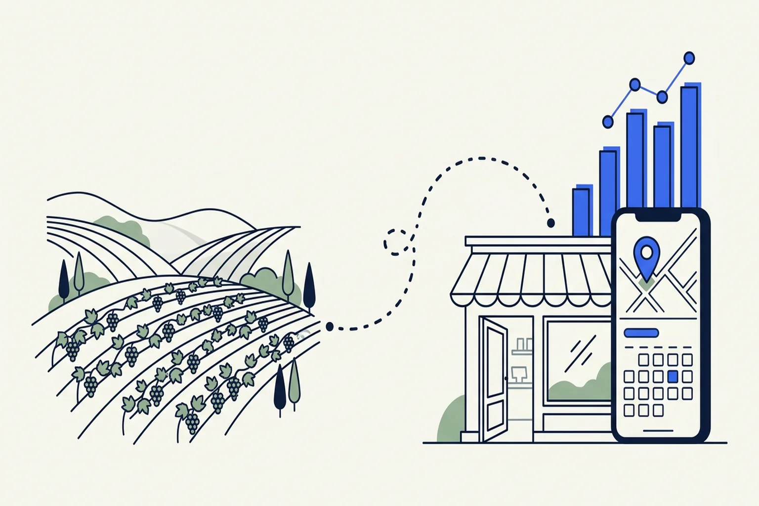 Illustration of vineyard hills with rows of grapevines beside a shop storefront, a smartphone showing a map pin and booking calendar, and rising bar-chart shapes, connecting local businesses to arriving visitors