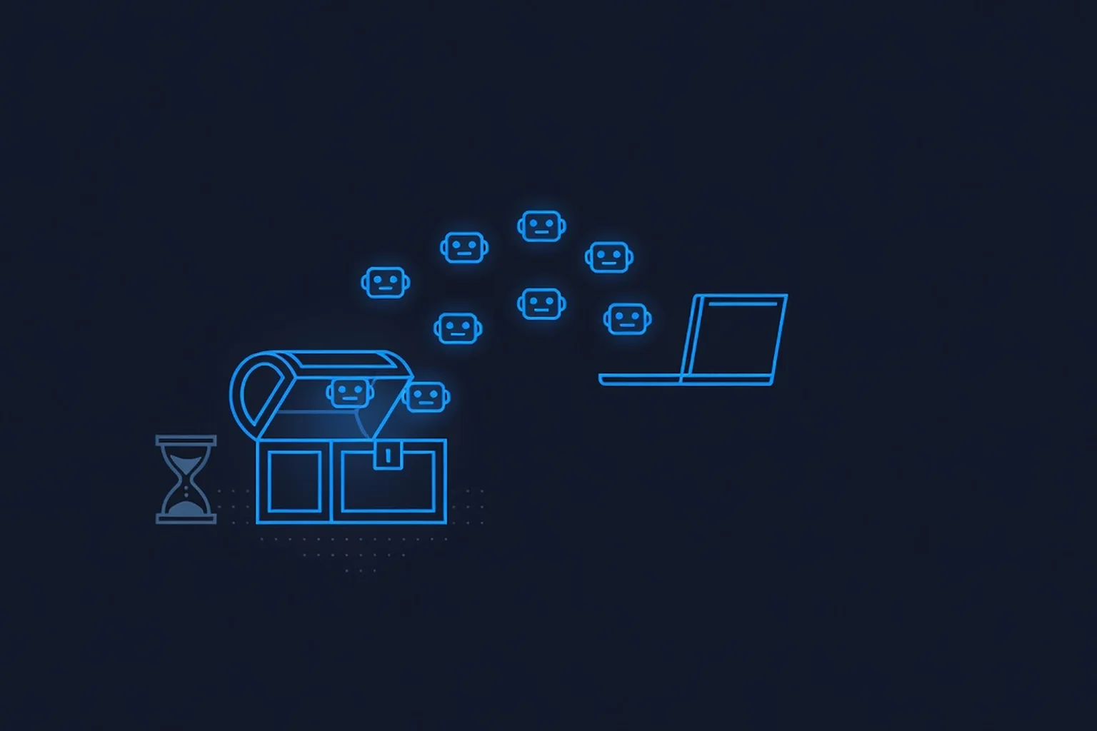 Illustration of an open treasure chest releasing eight glowing robot-head icons that drift toward a laptop, with an hourglass icon standing beside the chest, on a dark navy background with electric-blue accents