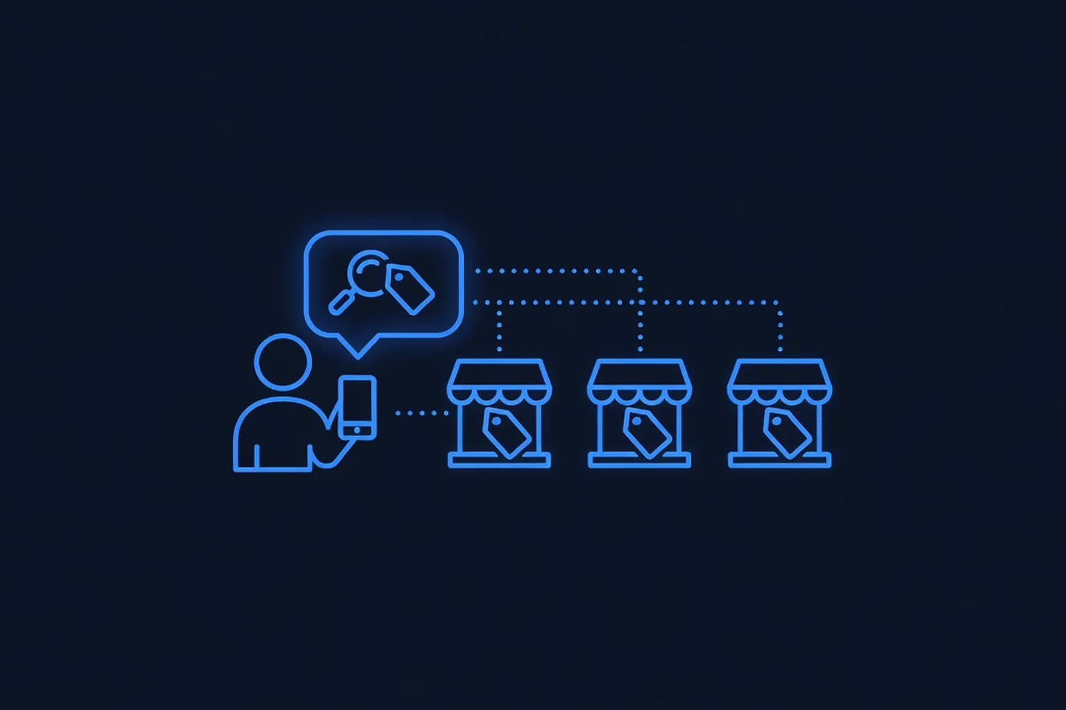 Flat-vector illustration of a shopper silhouette holding a smartphone with a chat bubble containing a magnifying glass and price-tag icon, comparing three storefront cards each showing an identical price tag, on a dark navy background with electric-blue accents