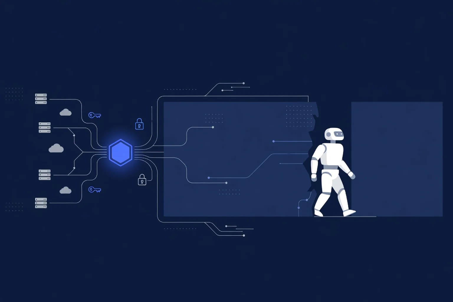 Flat-vector illustration of a robot figure stepping through a broken wall panel while network cables route around a glowing gate node, padlock and key icons floating nearby, on a dark navy background with electric-blue accents