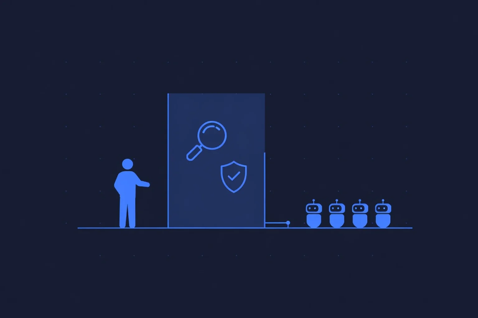 Flat-vector illustration of a small business owner figure reviewing a large official-style document panel (magnifier, checkmark shield), with a row of small robot-agent figures queueing beside it, on a dark navy background with electric-blue accents