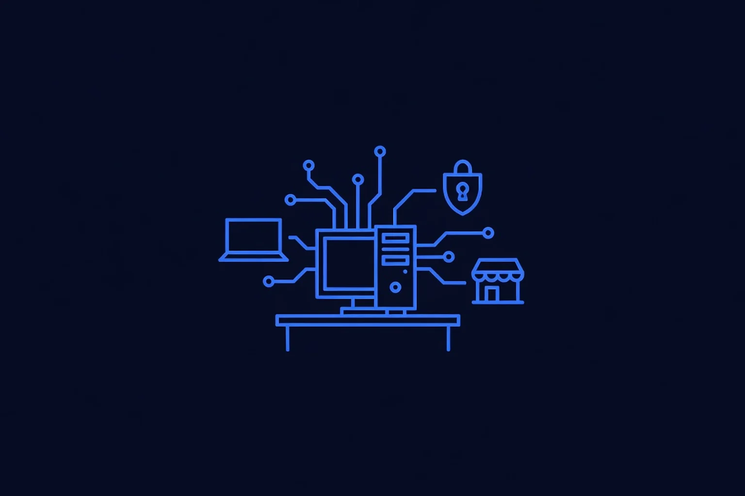 Flat-vector line-art illustration of a desktop mini-computer on a desk with circuit traces connecting it to a laptop, a padlock shield, and a small storefront, on a dark navy background with electric-blue accents