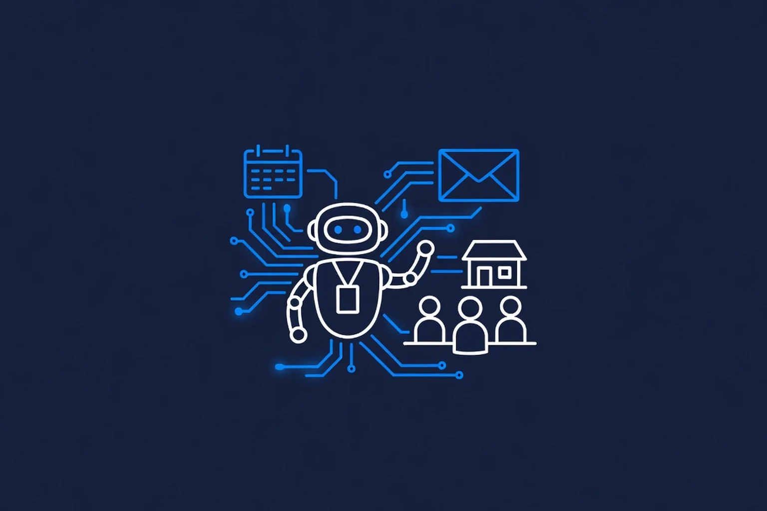 Flat-vector line-art illustration of a robot badge-card employee joining a small team of people icons around a workspace, connected by circuit traces to a calendar and envelope symbol, on a dark navy background with electric-blue accents