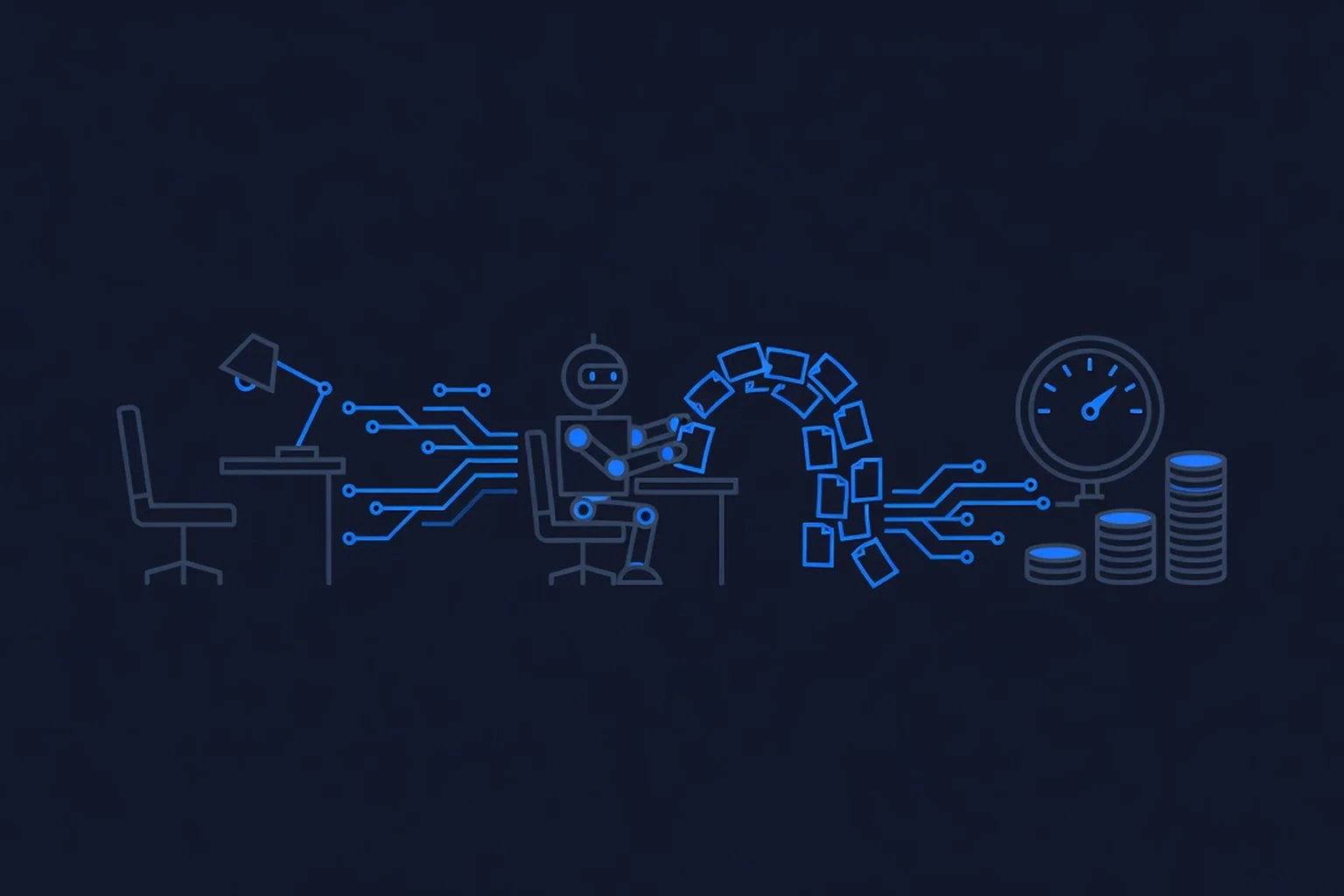 Flat-vector line-art illustration on a dark navy background: an empty office chair and desk lamp on the left, a robot agent at a desk in the center producing a stream of documents, a gauge with a climbing needle and rising coin stacks on the right, electric-blue circuit traces connecting all three