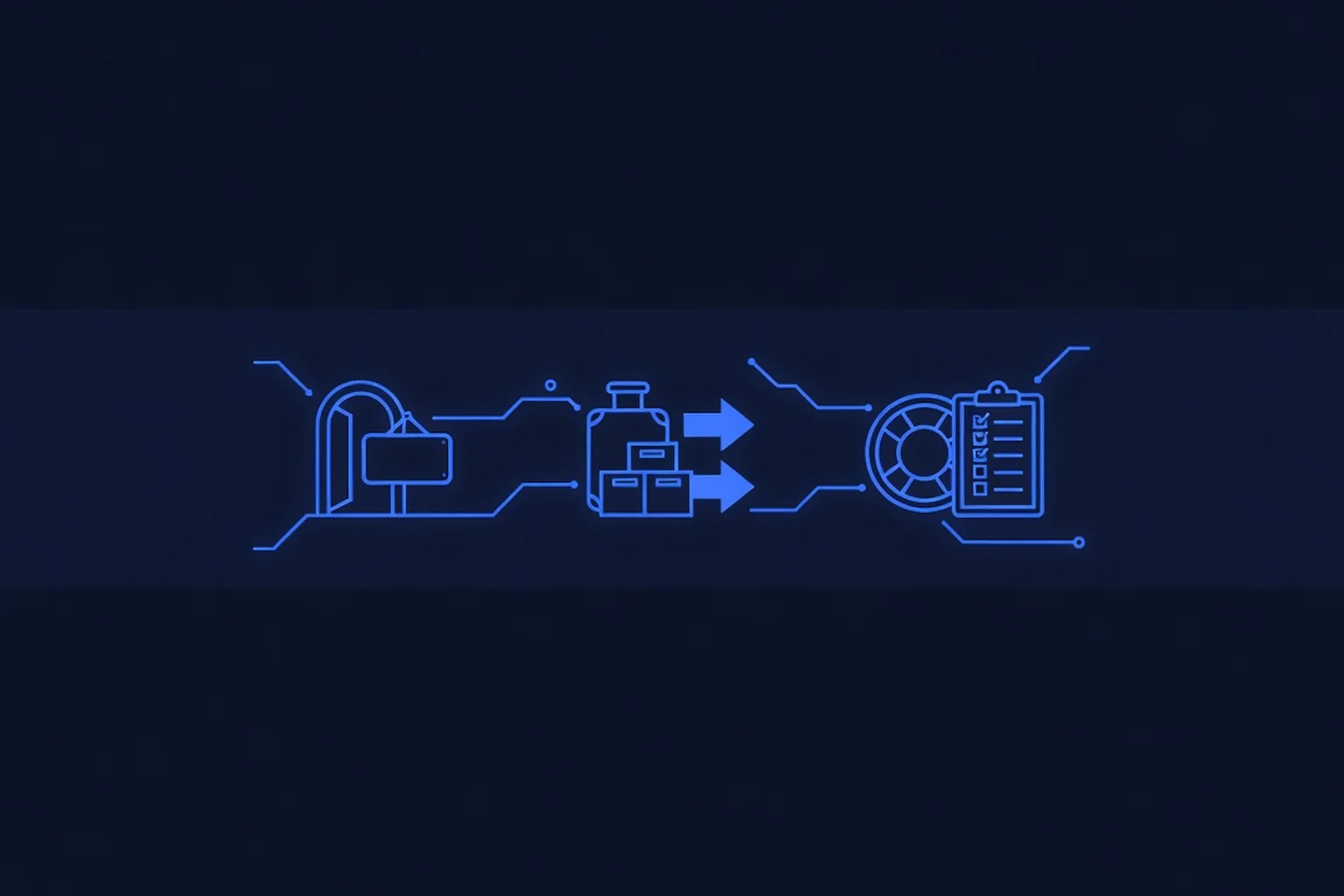 Flat-vector line-art illustration on a dark navy background: an open doorway arch with a blank hanging sign on the left, a suitcase and file boxes with export arrows in the center, a lifebuoy ring and checklist clipboard on the right, electric-blue circuit traces connecting all three