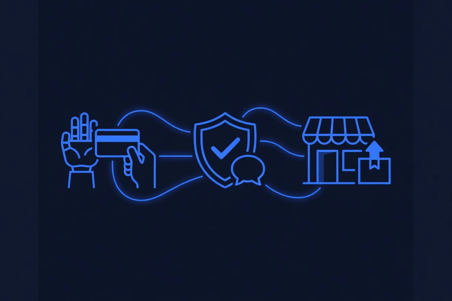 Flat-vector line-art illustration on a dark navy background: an open human hand and a second hand holding a blank credit card with a magnetic stripe on the left, a shield with a checkmark and a speech bubble in the center, a storefront with scalloped awning plus a shipping box with an upward arrow on the right, connected by flowing electric-blue circuit lines