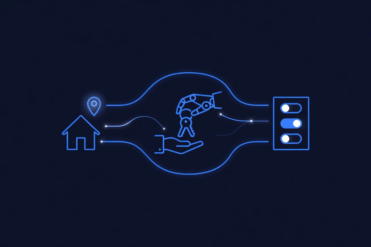 Flat-vector line-art illustration on a dark navy background: a small house with a glowing location pin above it on the left, a human hand passing a keyring to a robotic hand in the center, and a permission checklist panel with toggle switches on the right, linked by flowing electric-blue circuit lines