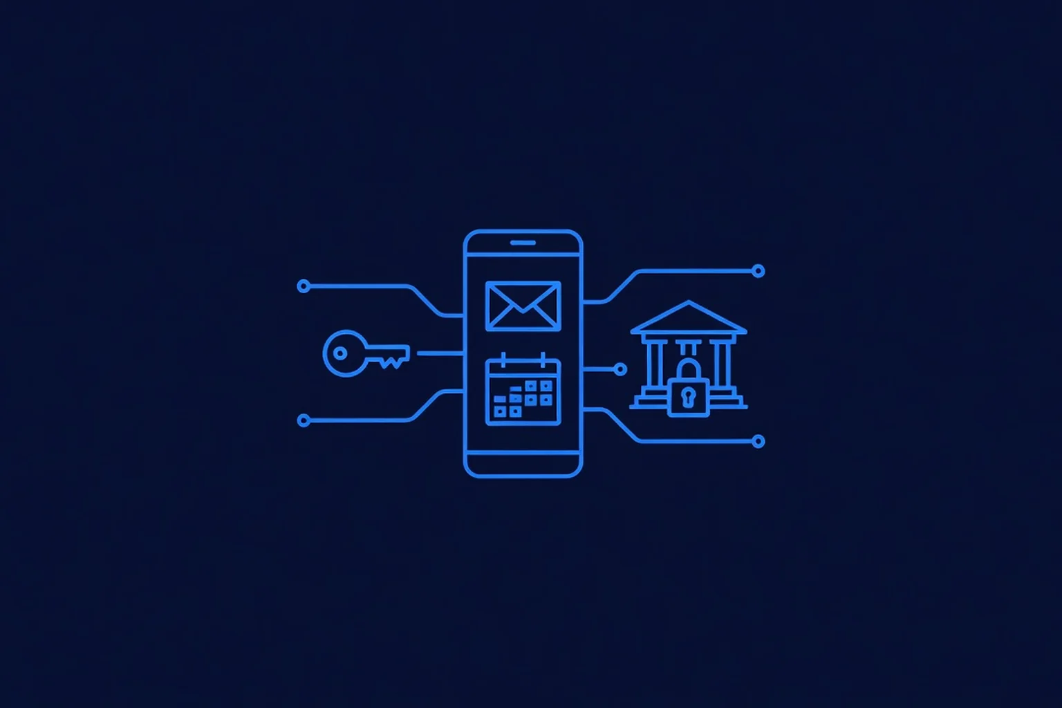 Flat-vector line-art illustration on a dark navy background: a smartphone with an email envelope and calendar grid on screen in the center, a small detachable key icon linking to it from the left, a classical bank building with a padlock on the right, connected by flowing electric-blue circuit lines