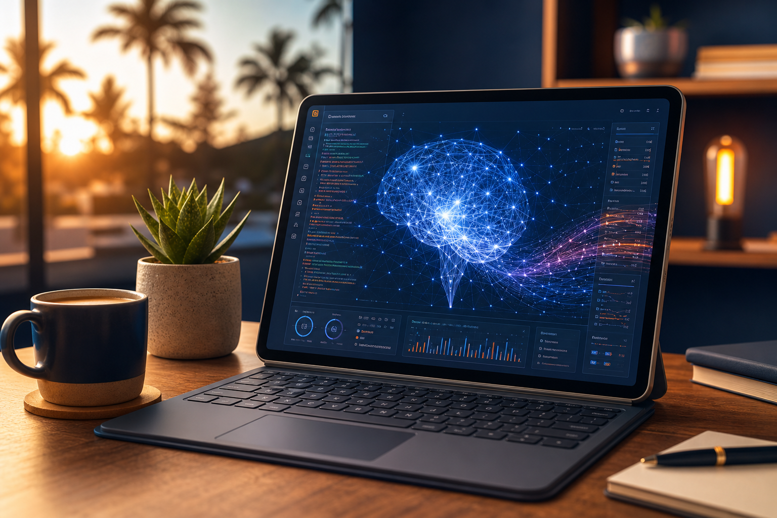 AI-powered workspace with laptop overlooking palm trees at sunset — Claude Opus 4.8 for Southern California small businesses