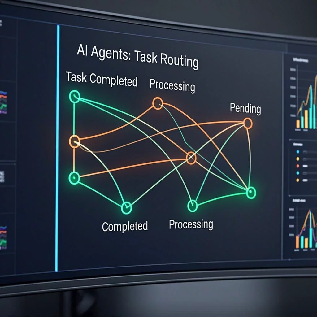 Dashboard showing AI agent task routing with status indicators and completion metrics