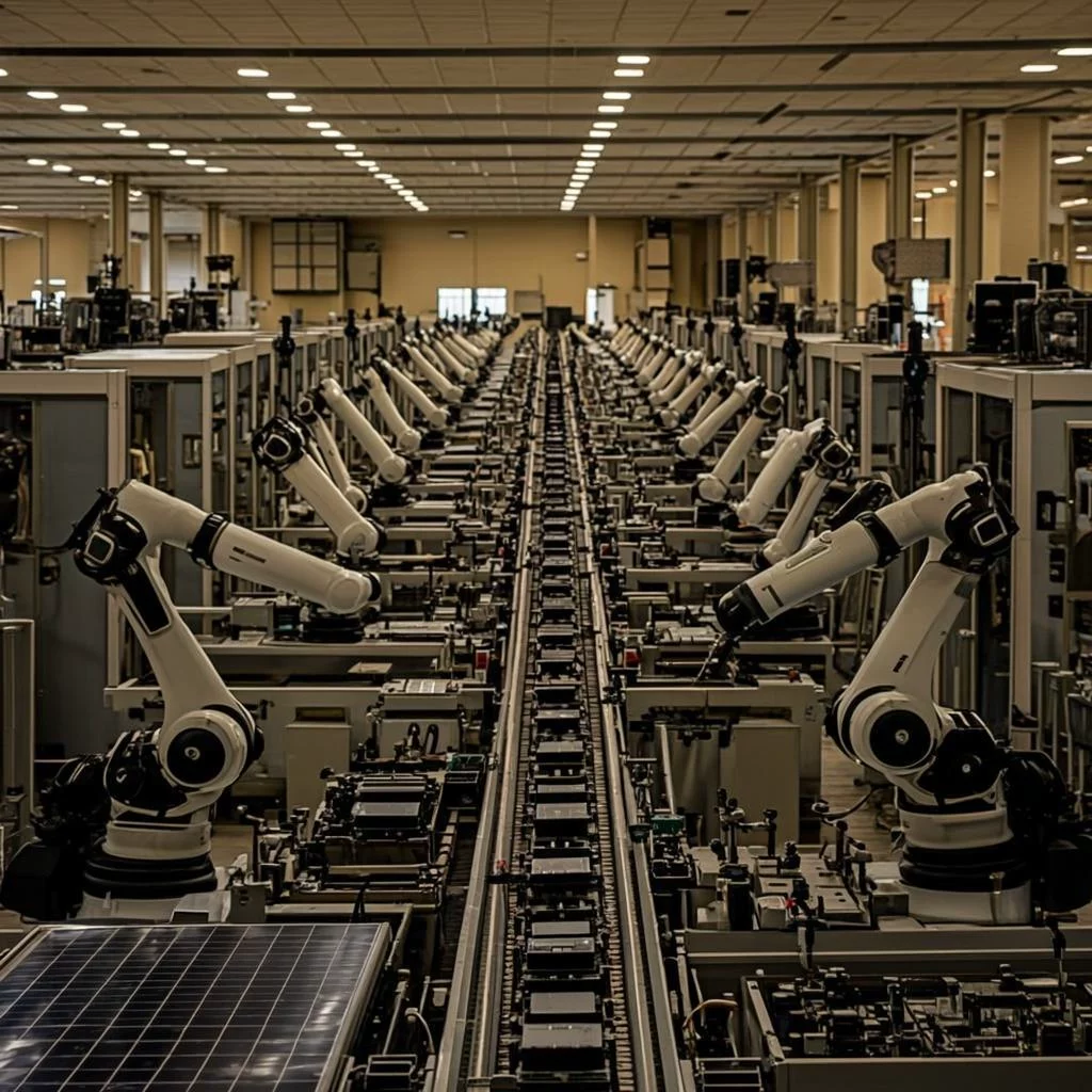 Semiconductor fabrication facility with robotic arms and yellow lighting