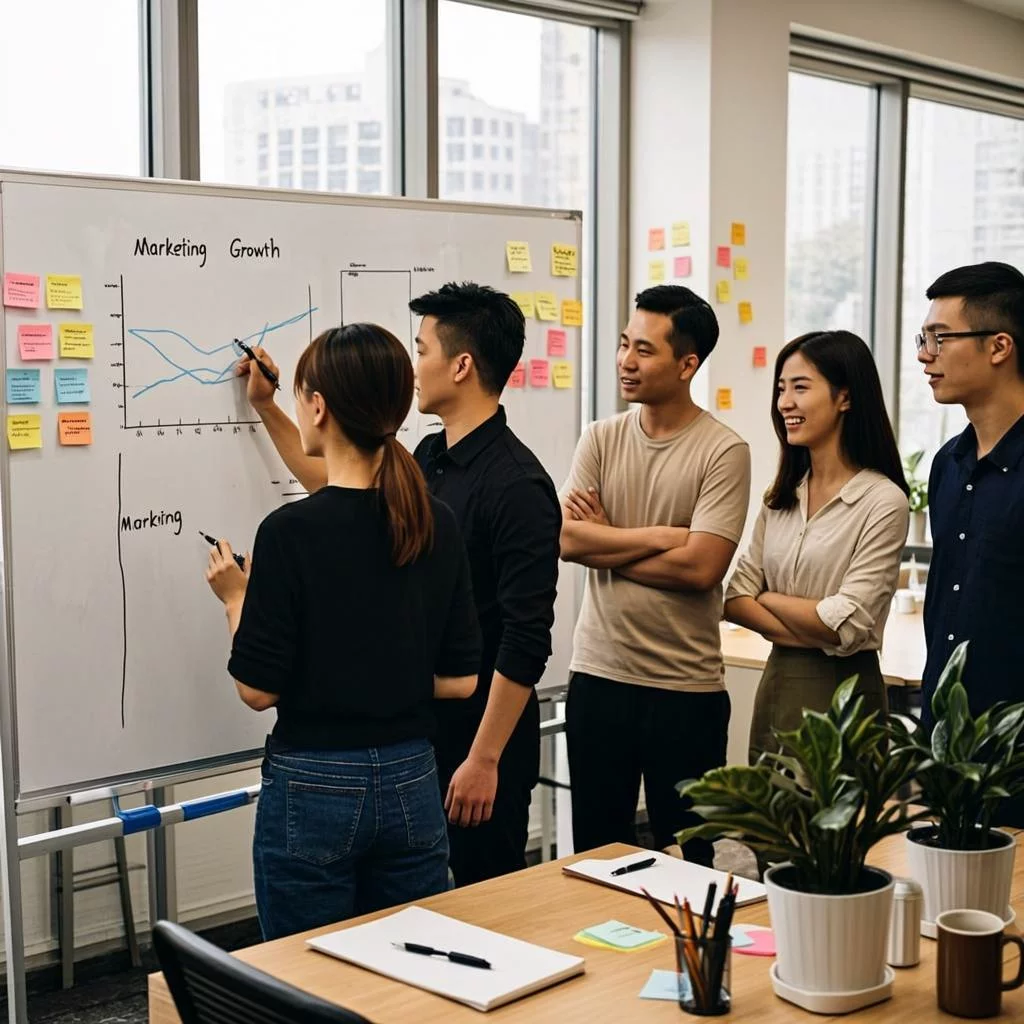 Startup team around a whiteboard with business model canvas and growth projections