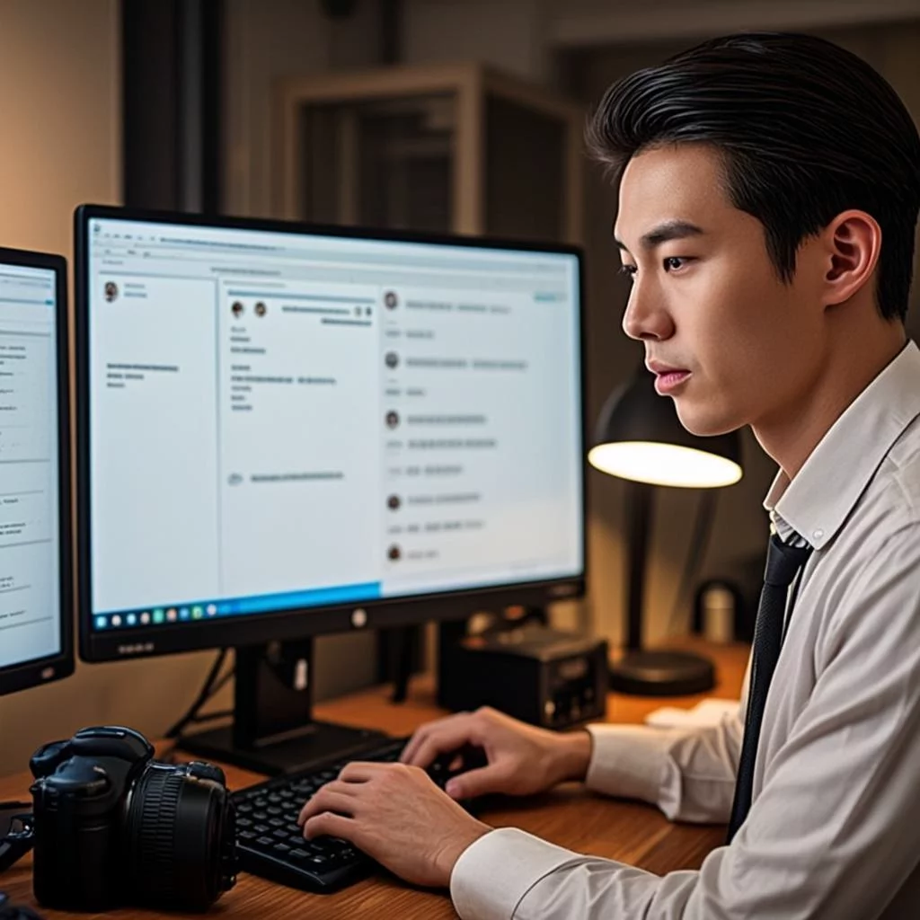 Person at desk reviewing customer conversation history on a large screen