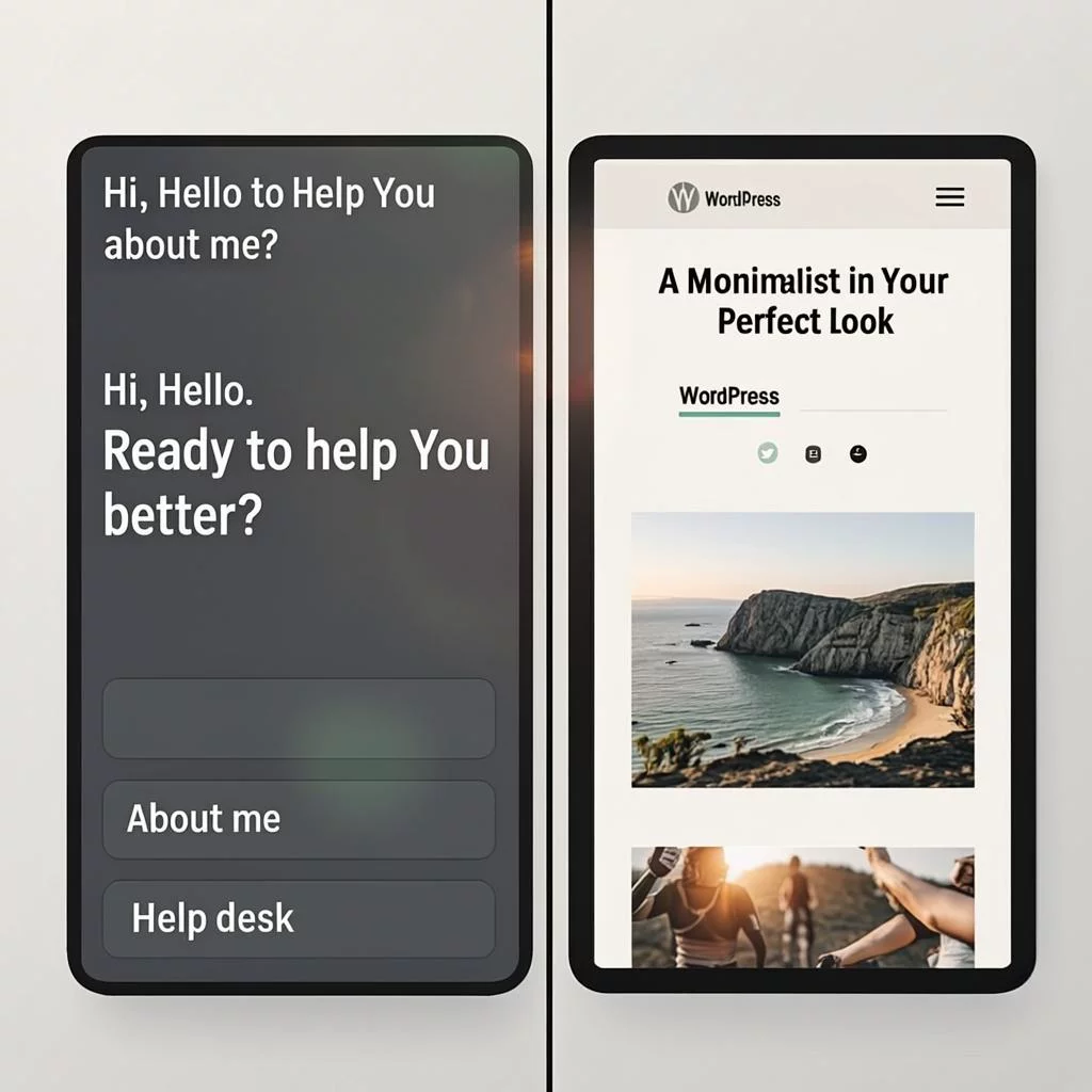 Split screen showing AI assistant on left and published WordPress post on right