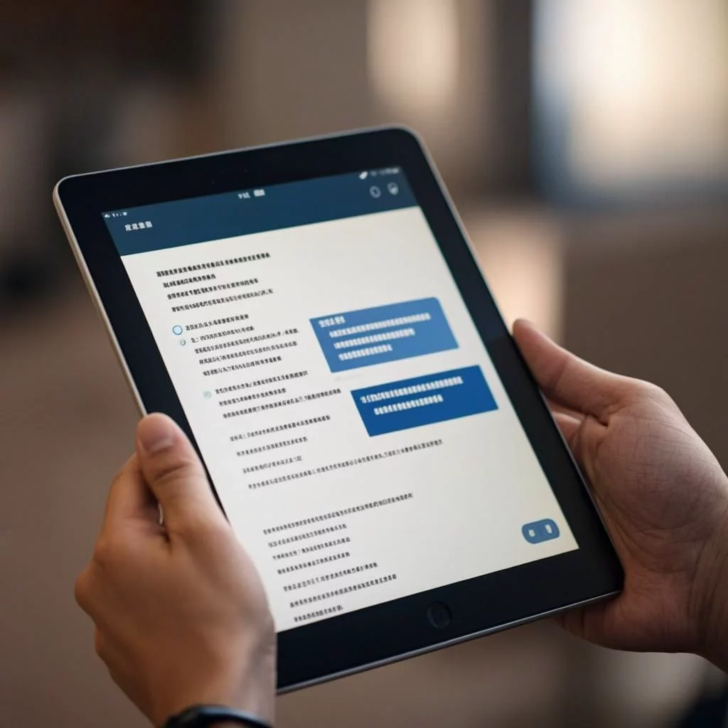 Close-up of tablet screen showing customer service chat interface with conversation bubbles