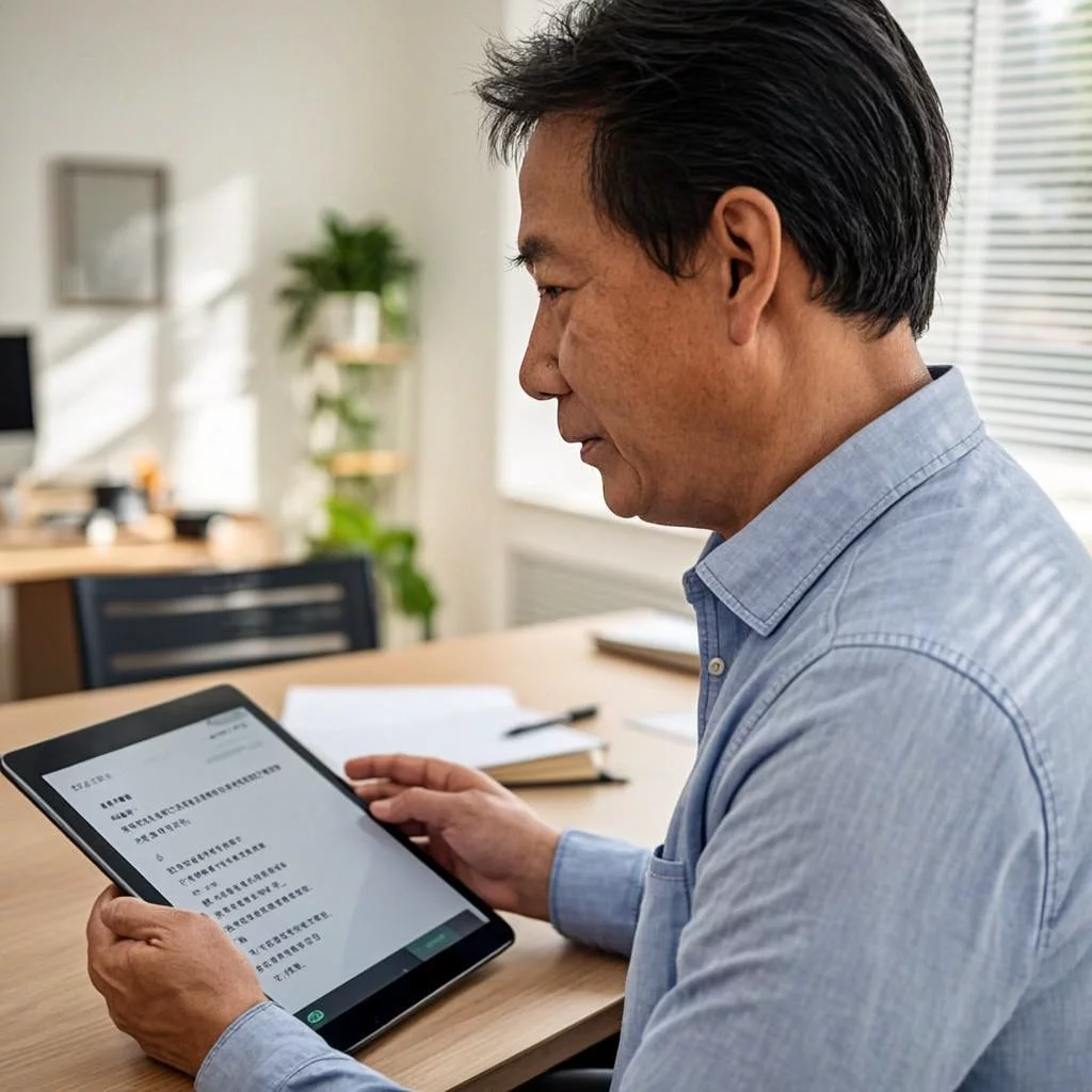 Business owner querying knowledge base on tablet with instant answers showing sources