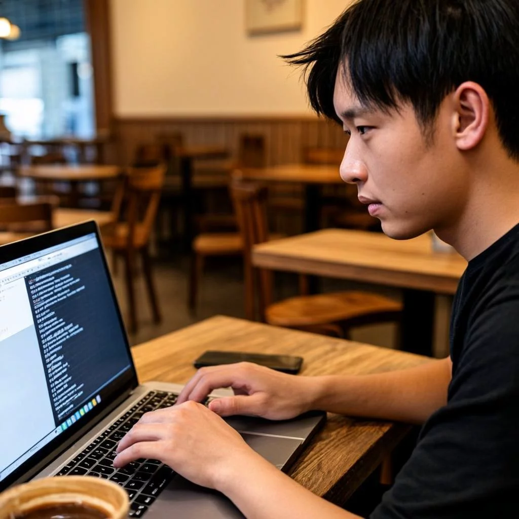 Person building a WordPress site on laptop in a cafe with no internet