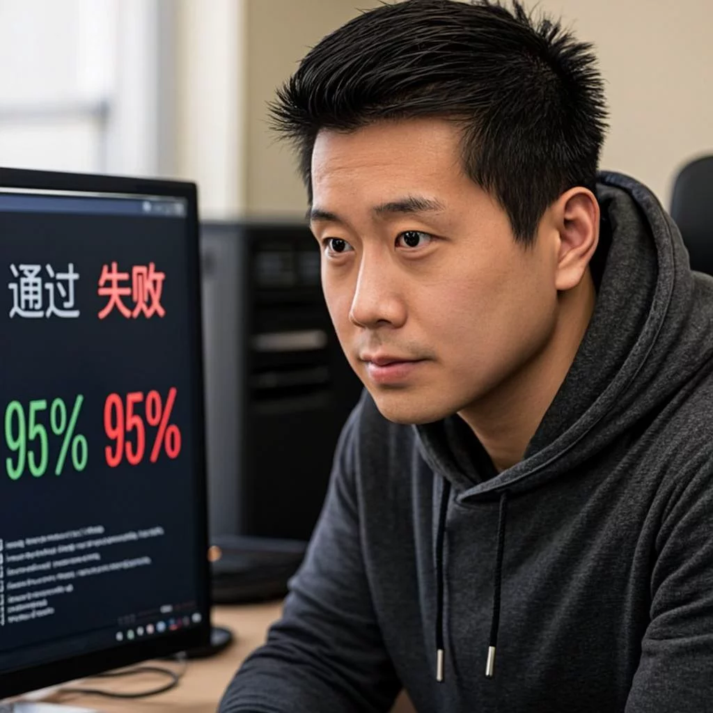 Developer reviewing code quality metrics on dashboard with pass/fail indicators