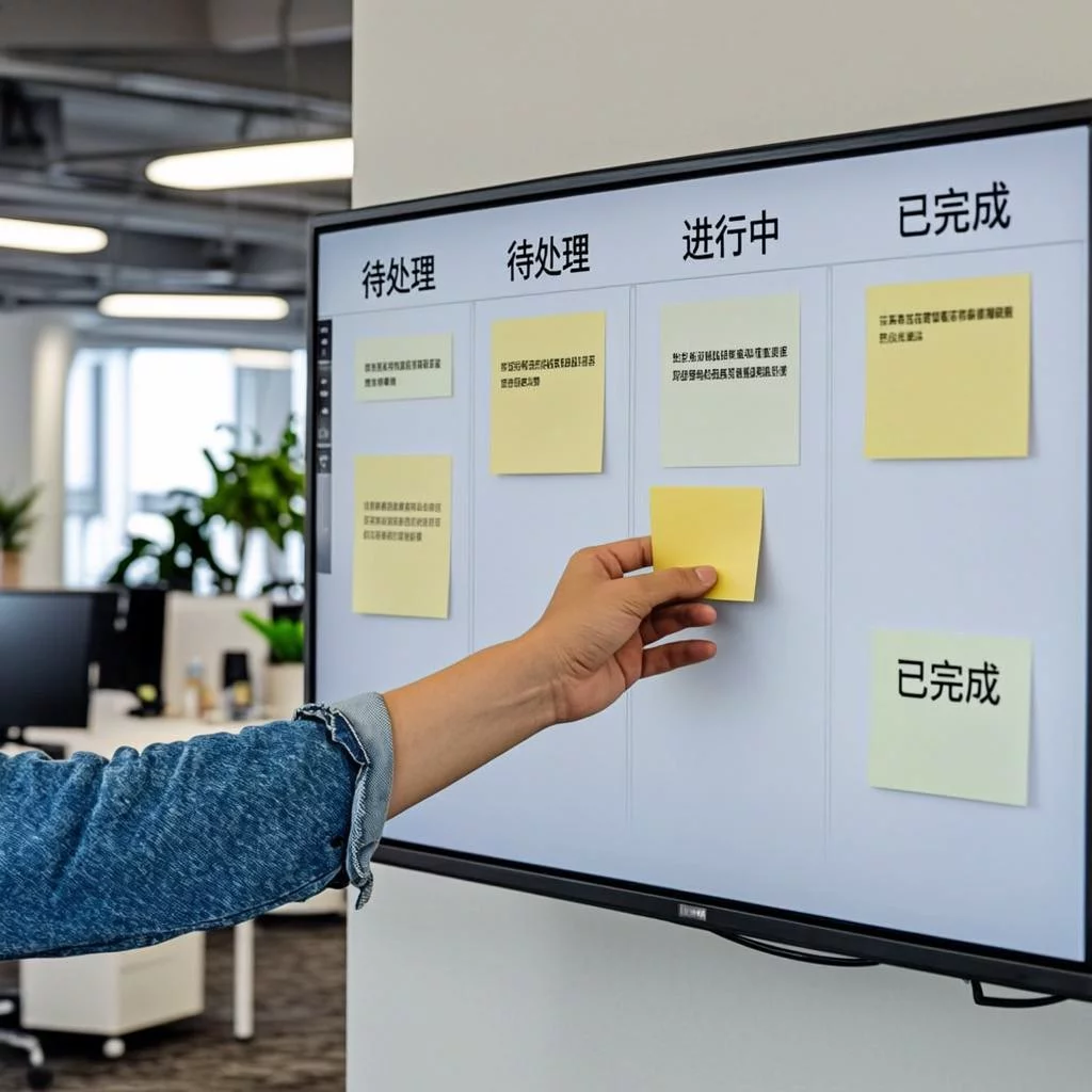 Kanban board on large screen showing automated task assignments