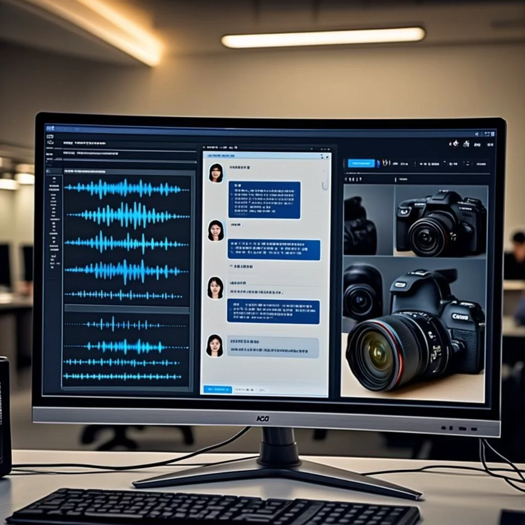 Customer service interface showing simultaneous voice transcription, chat and image analysis
