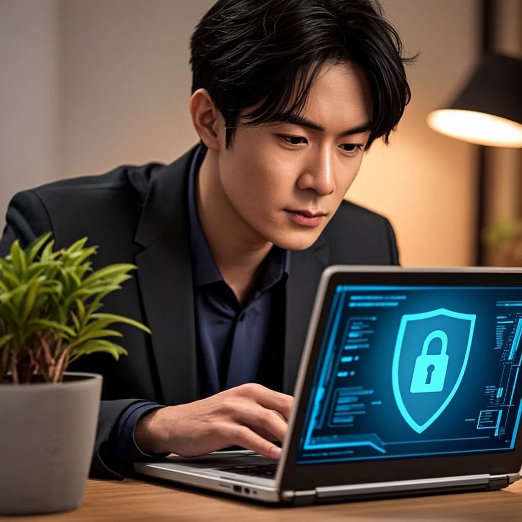 Person at desk with laptop showing secure AI agent interface with shield icon