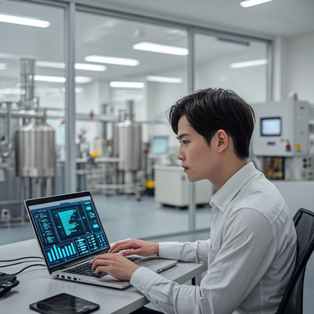 Person in small business office using AI application on laptop