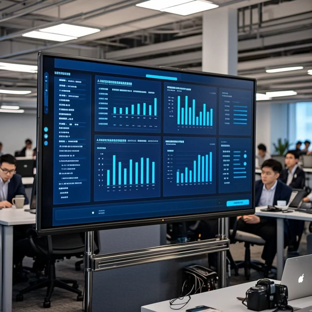 Wall-mounted display showing multiple AI agent status panels with task queues