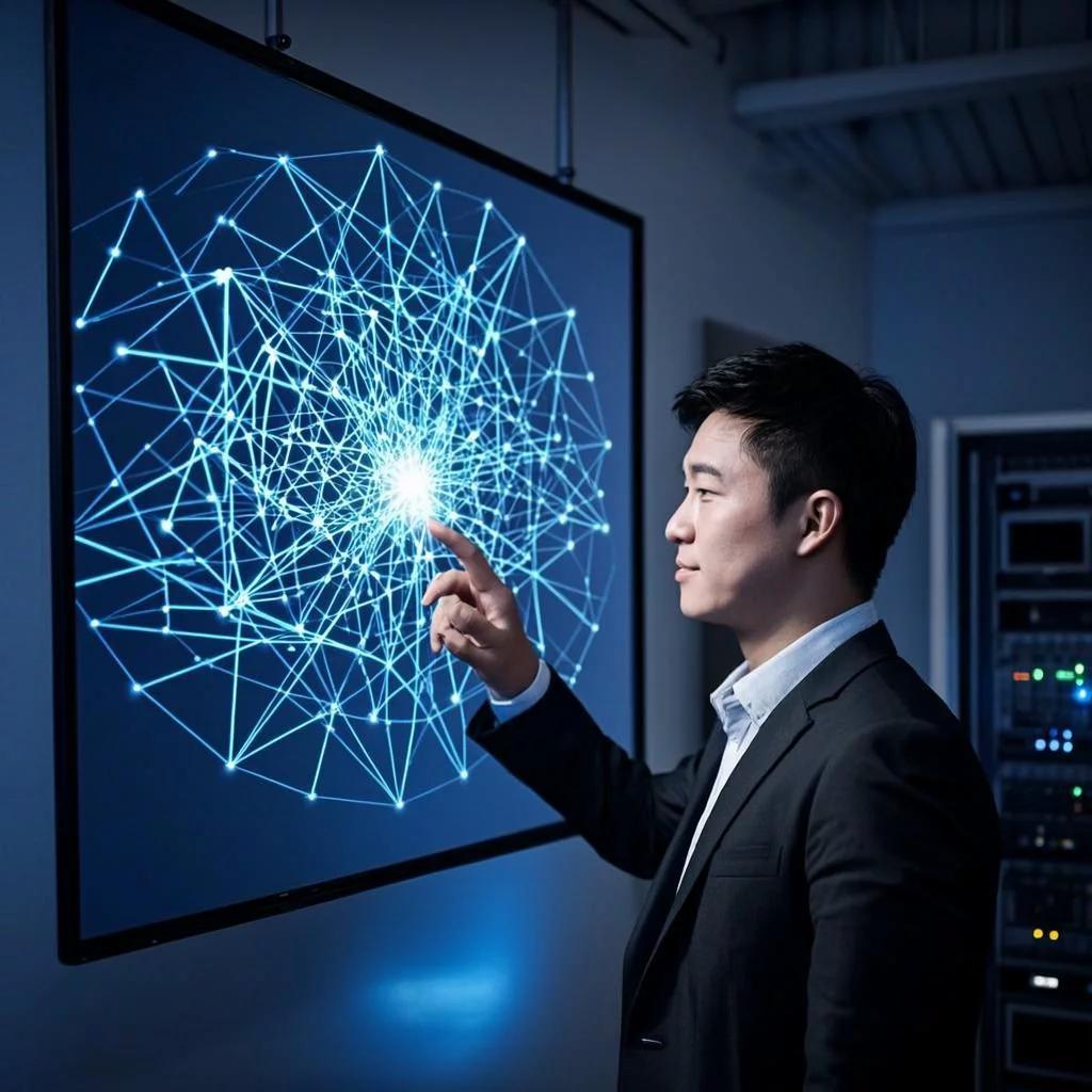 Network graph on large display showing interconnected agent communication nodes