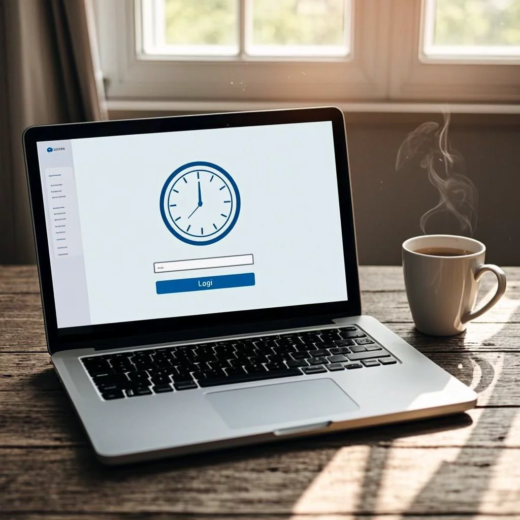 Web application loading screen with clock widget and timezone selector on a laptop