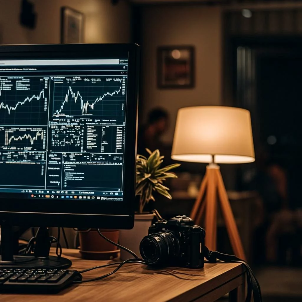 Business dashboard on monitor showing charts, metrics and KPIs with green growth indicators