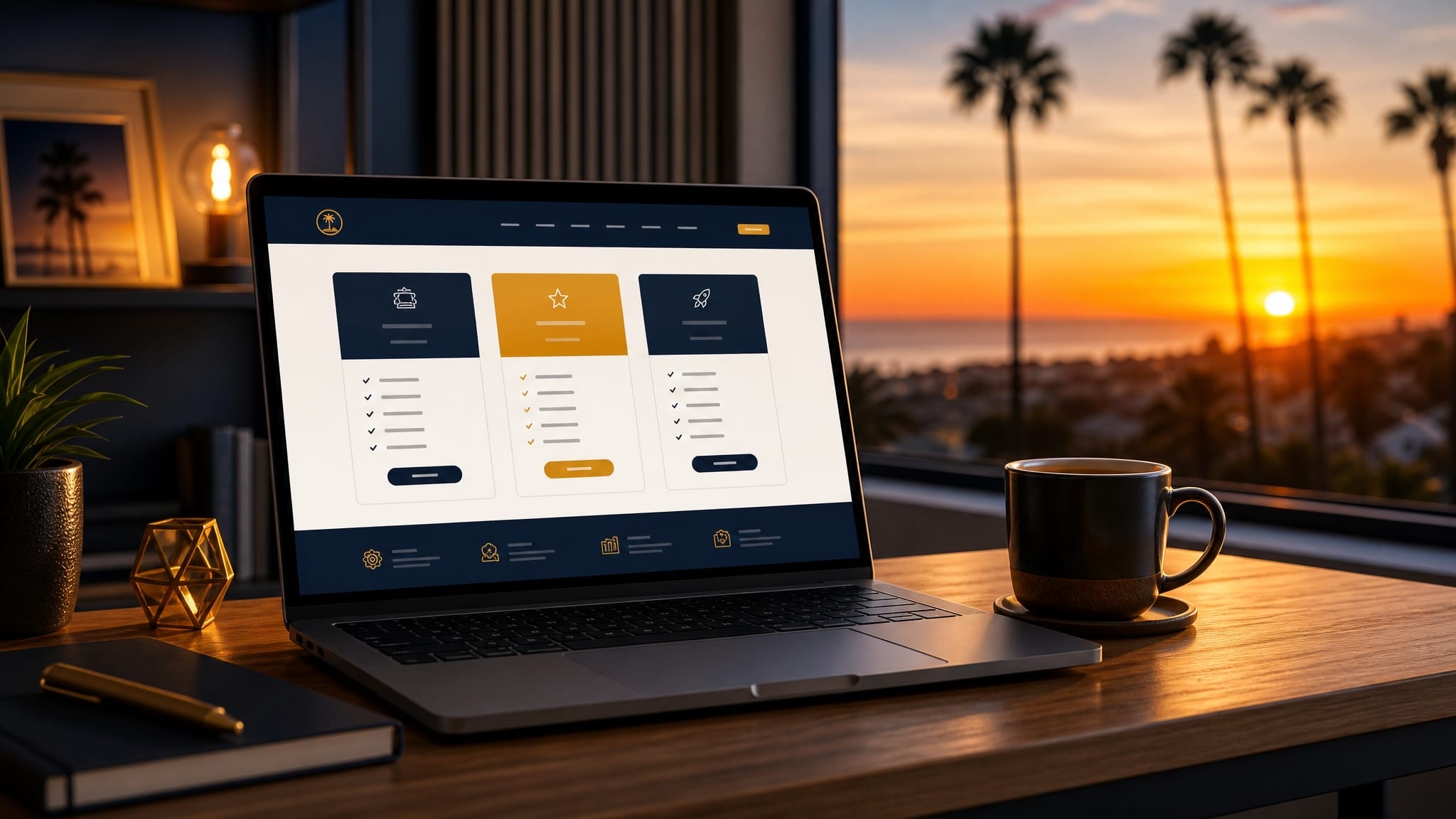 Cozy workspace desk with laptop overlooking palm trees and an ocean sunset through the window — Southern California website design vibe